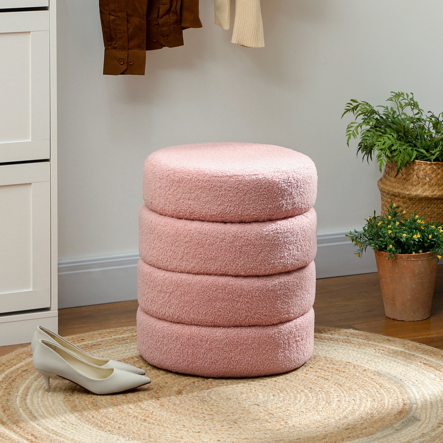 Round Ottoman, Teddy Fleece, Pink, 120kg Capacity, 40x45 cm