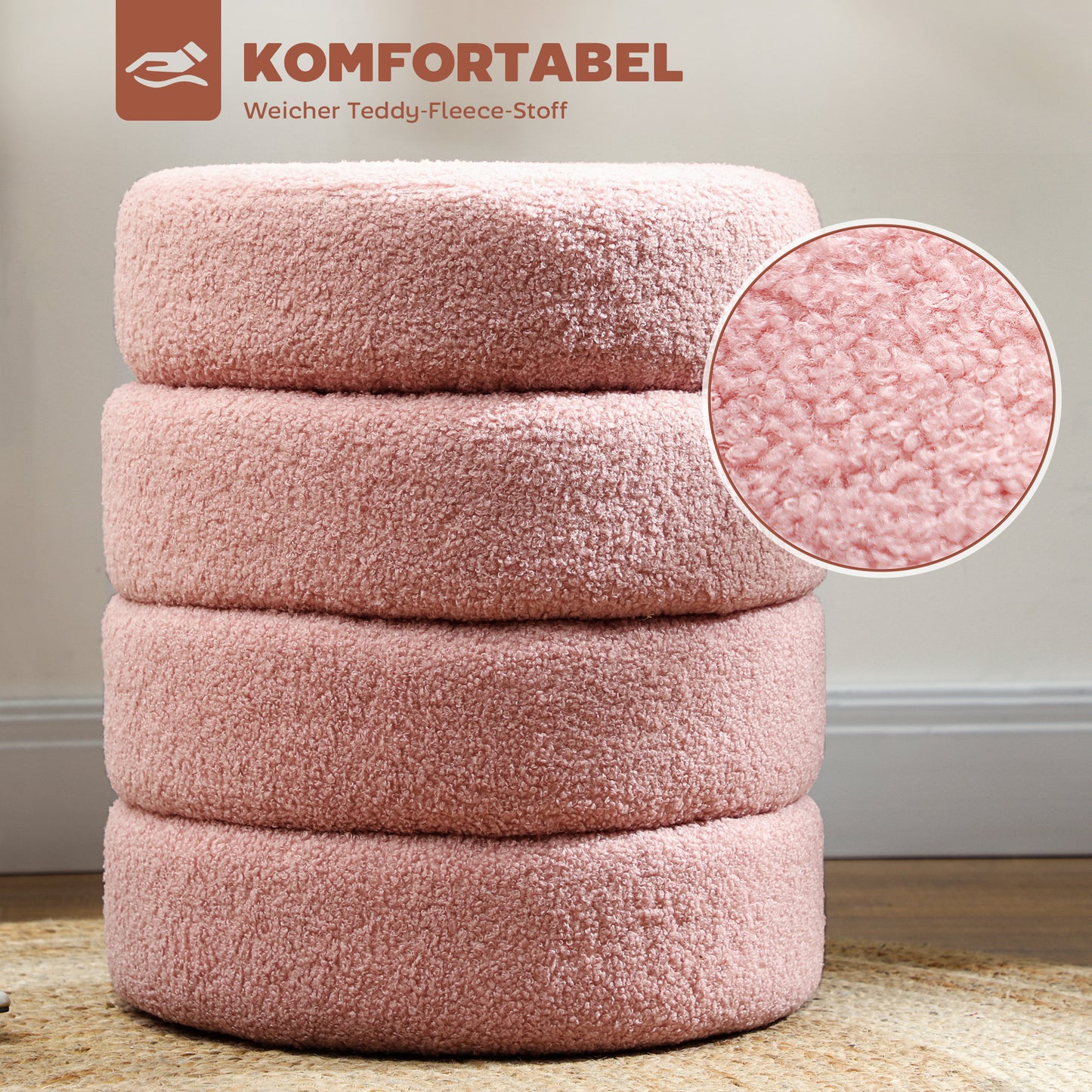 Round Ottoman, Teddy Fleece, Pink, 120kg Capacity, 40x45 cm