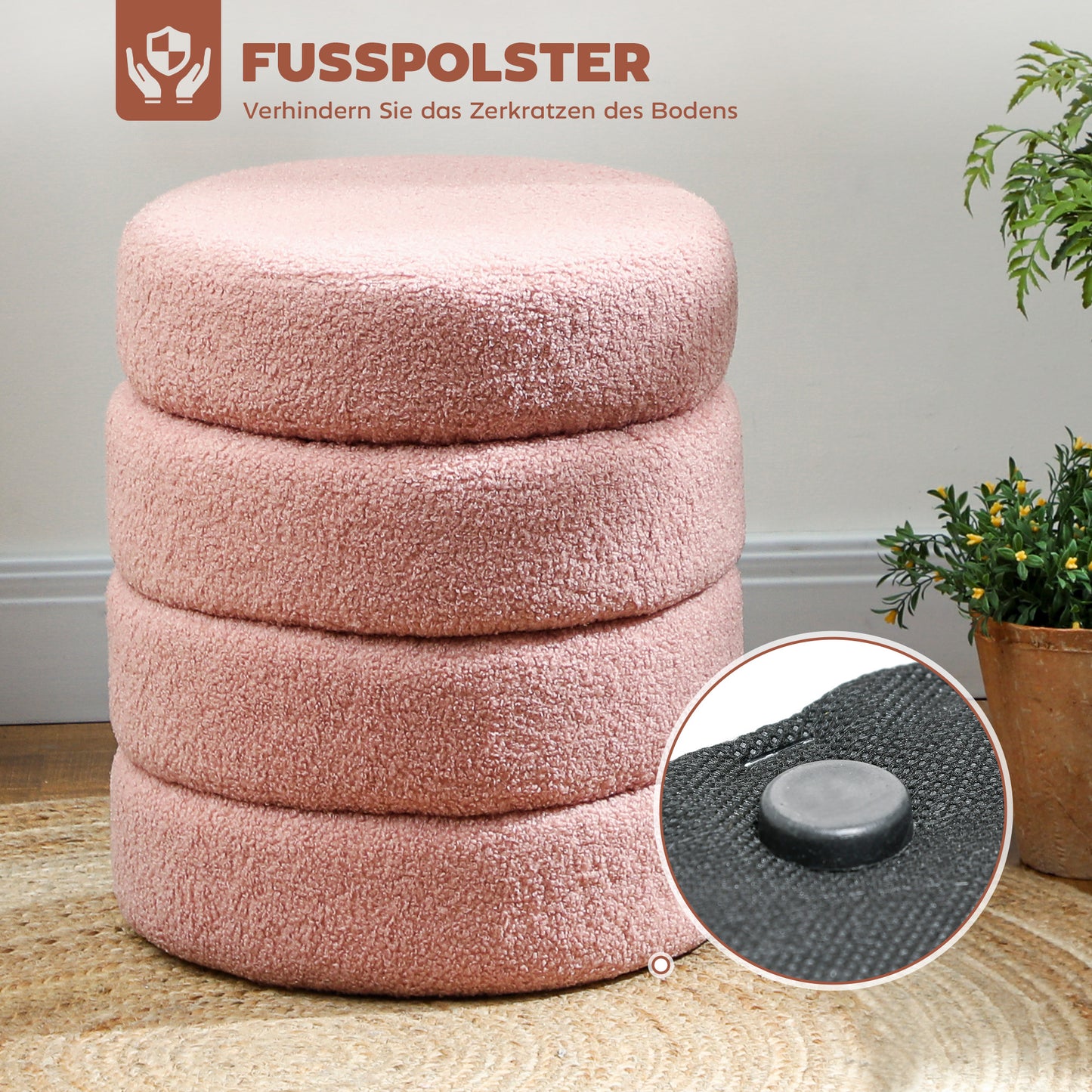 Round Ottoman, Teddy Fleece, Pink, 120kg Capacity, 40x45 cm