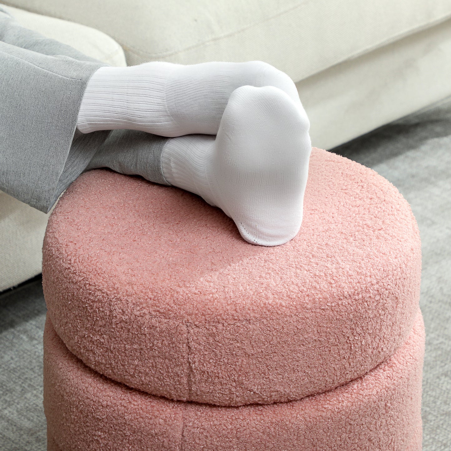 Round Ottoman, Teddy Fleece, Pink, 120kg Capacity, 40x45 cm
