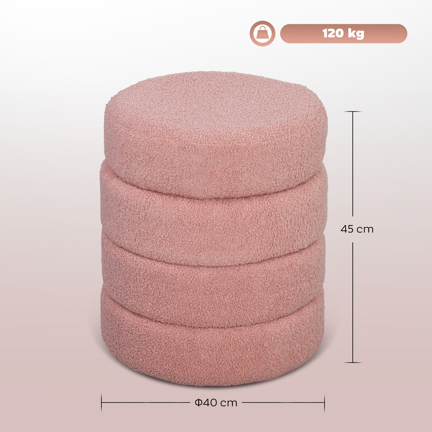 Round Ottoman, Teddy Fleece, Pink, 120kg Capacity, 40x45 cm