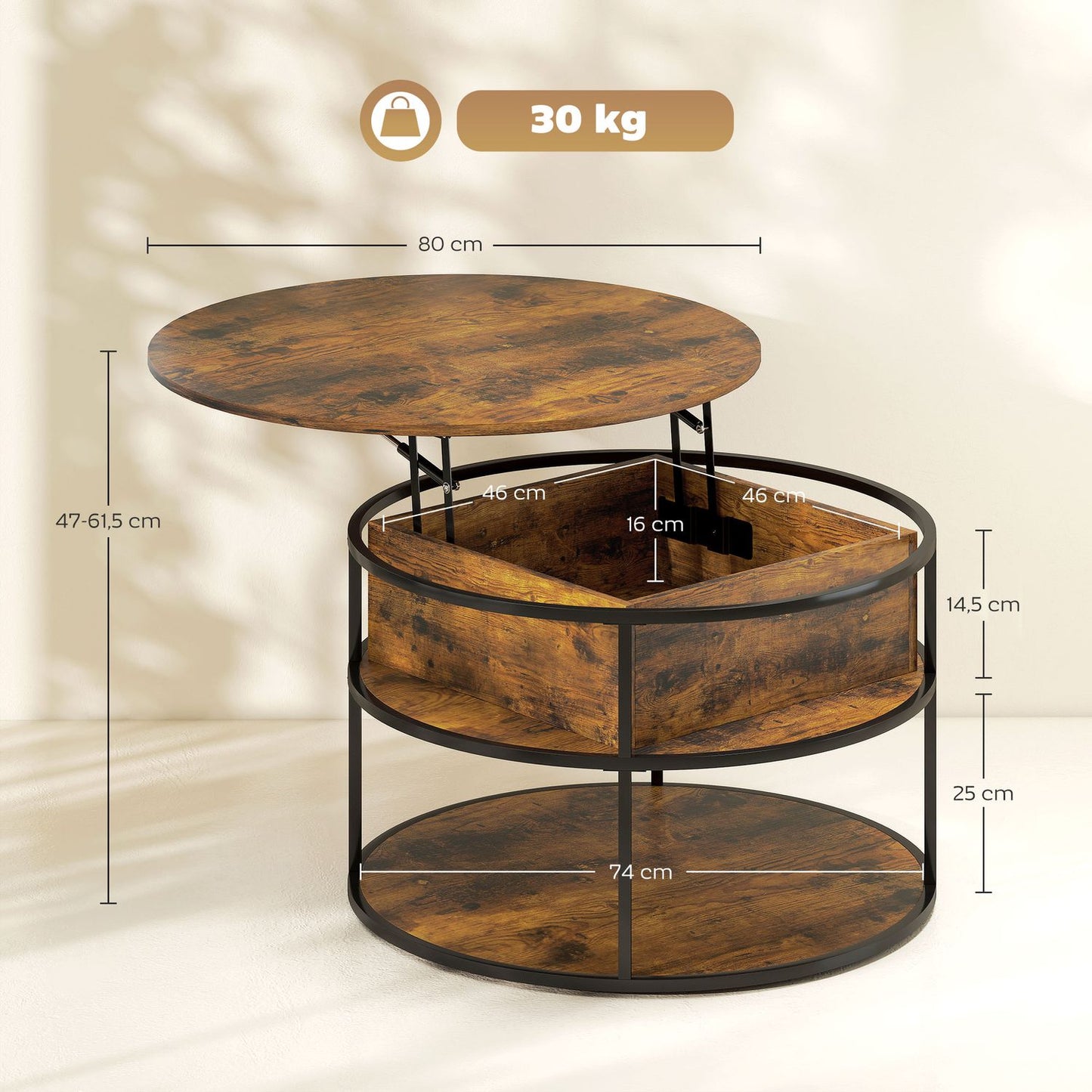Round Lift-Top Coffee Table with Storage, Brown