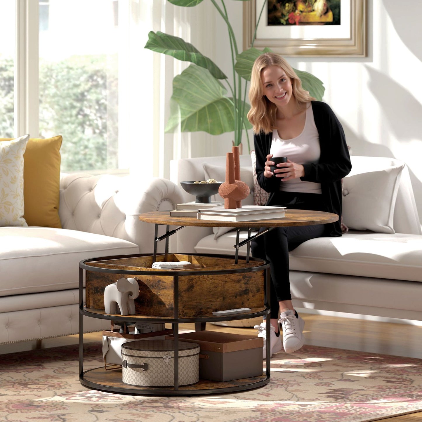 Round Lift-Top Coffee Table with Storage, Brown