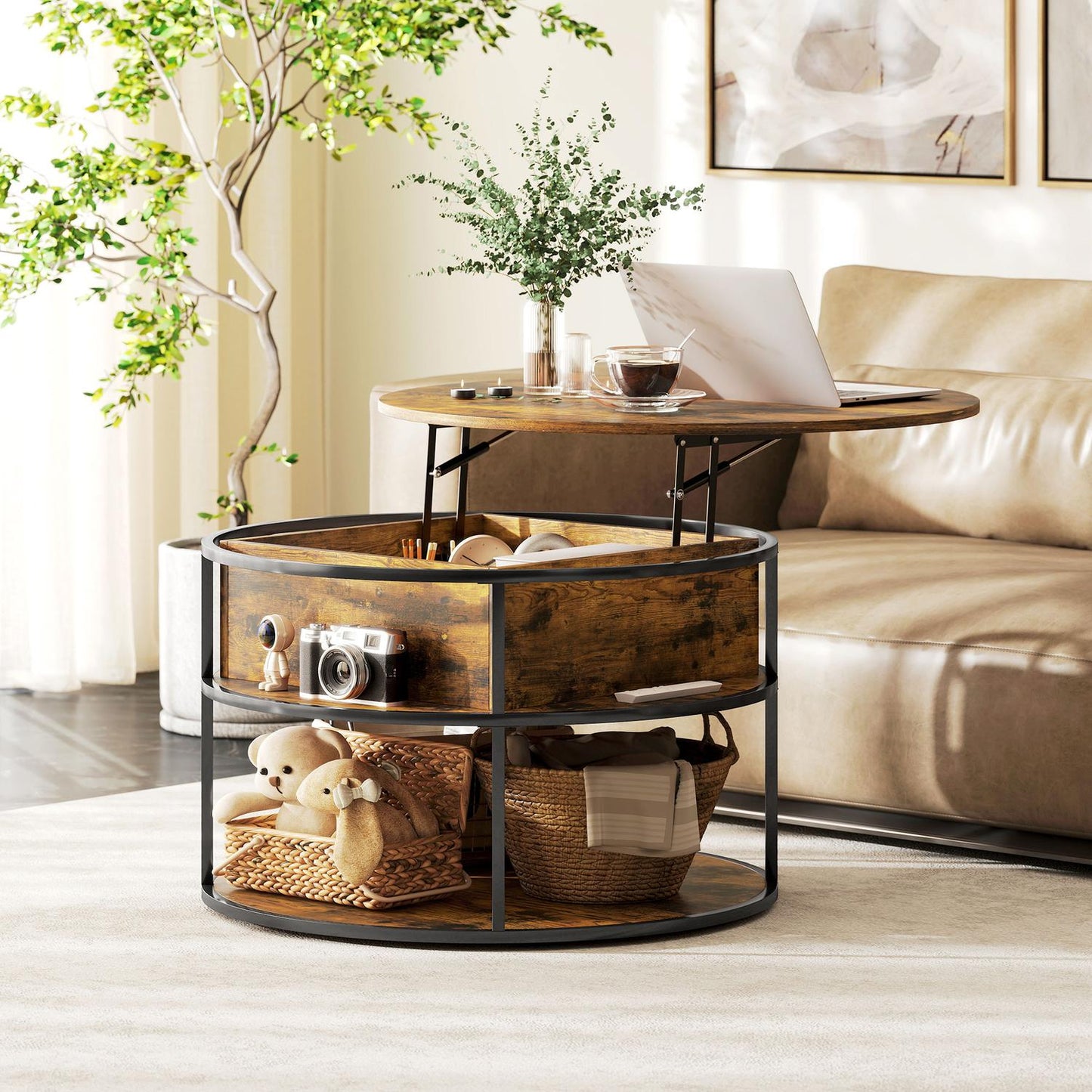 Round Lift-Top Coffee Table with Storage, Brown