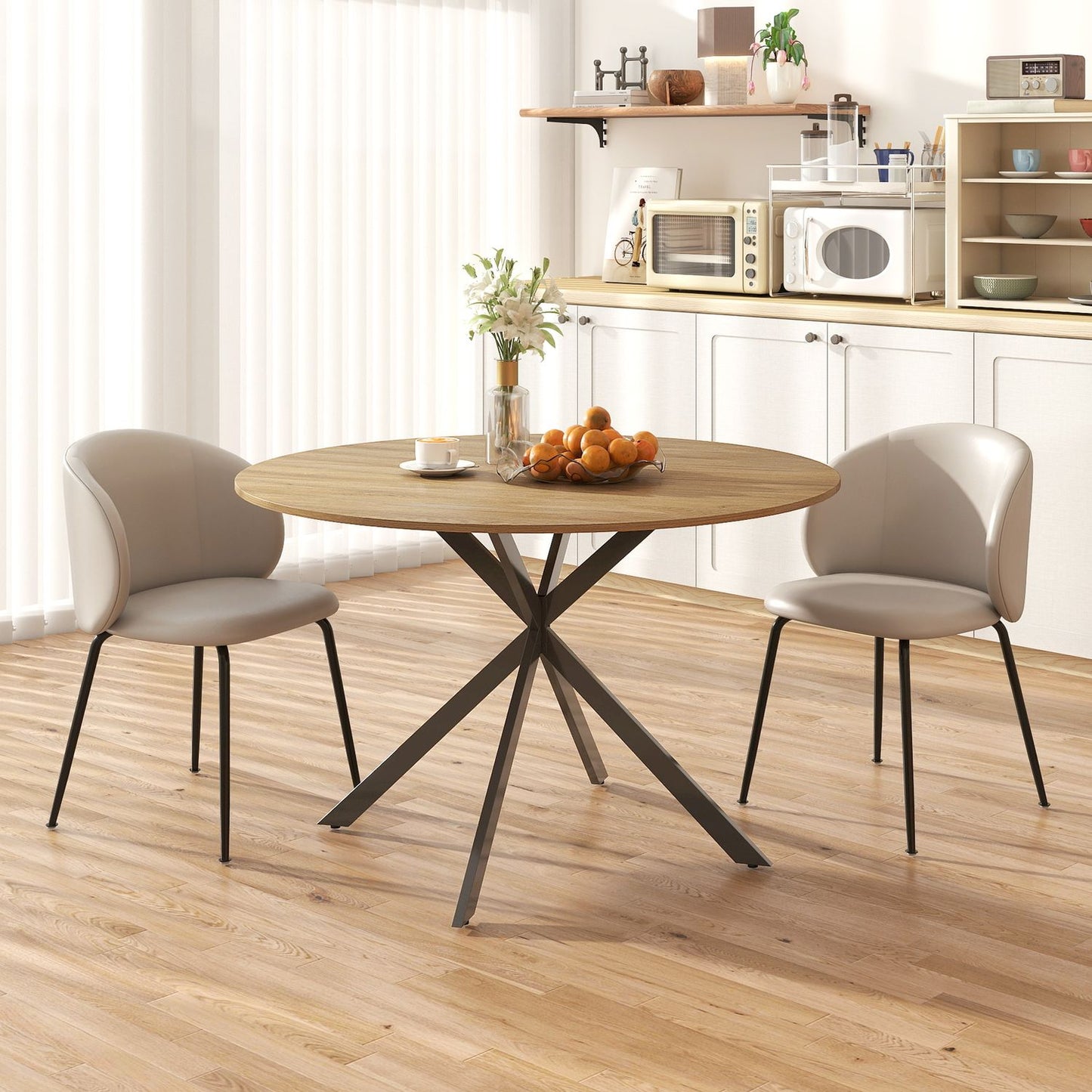 Round dining table for 4 people, industrial style kitchen table with steel legs, for dining room, kitchen, oak