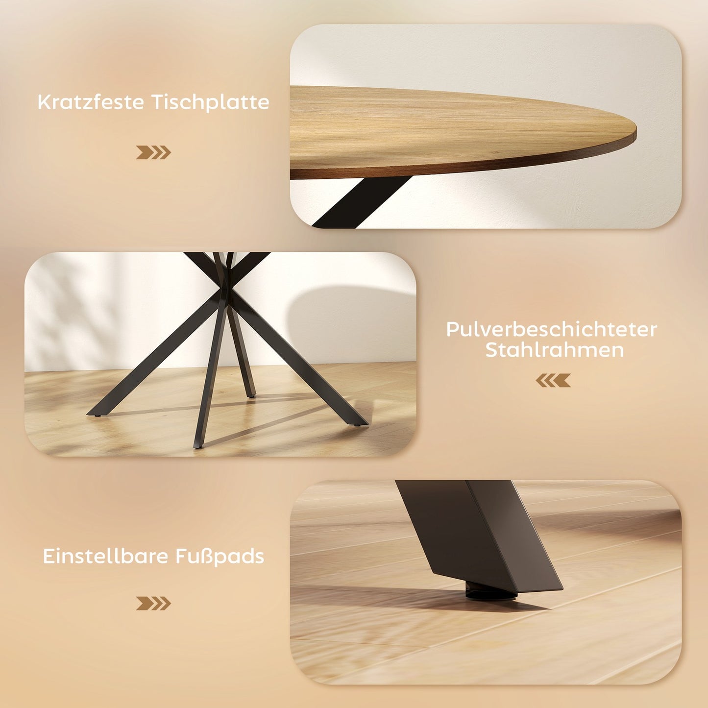 Round dining table for 4 people, industrial style kitchen table with steel legs, for dining room, kitchen, oak
