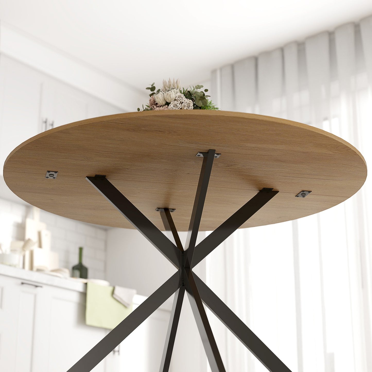 Round dining table for 4 people, industrial style kitchen table with steel legs, for dining room, kitchen, oak