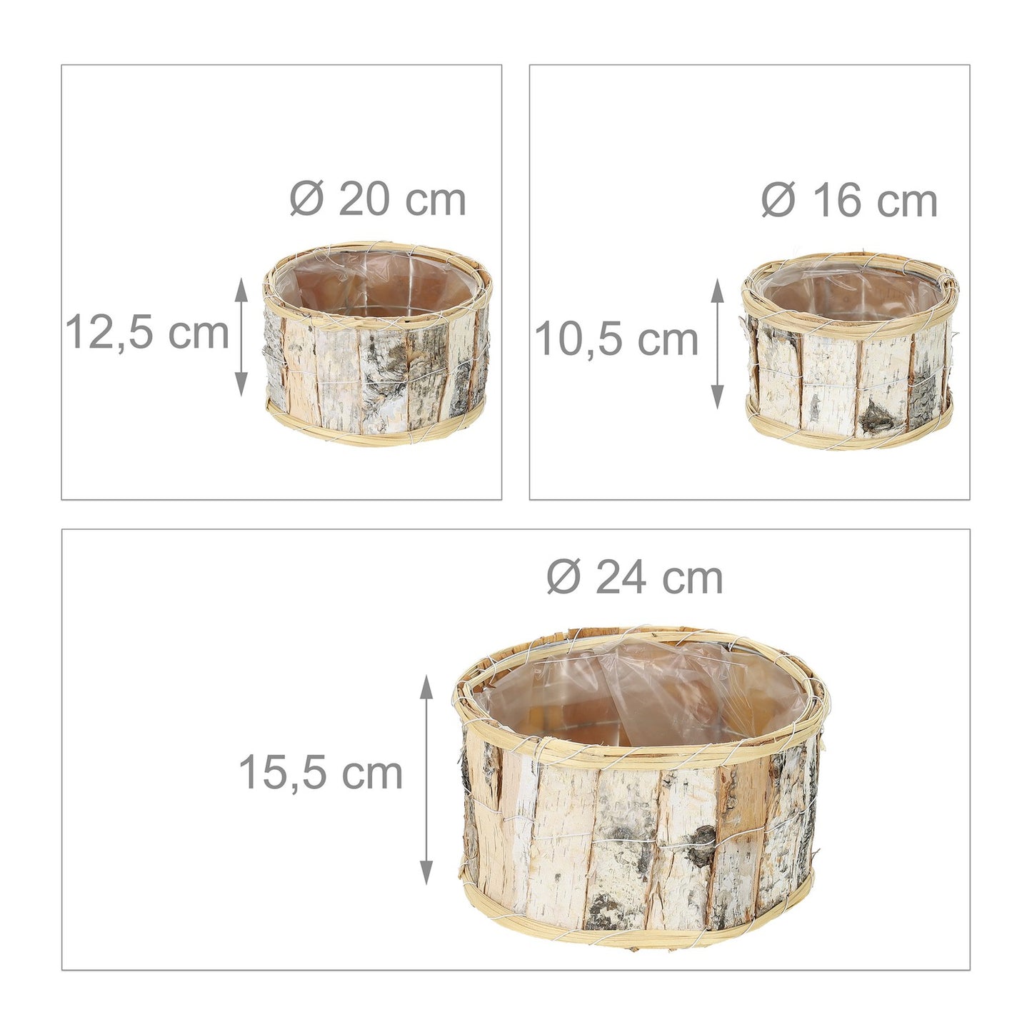 Round flower pot birch Set of 3