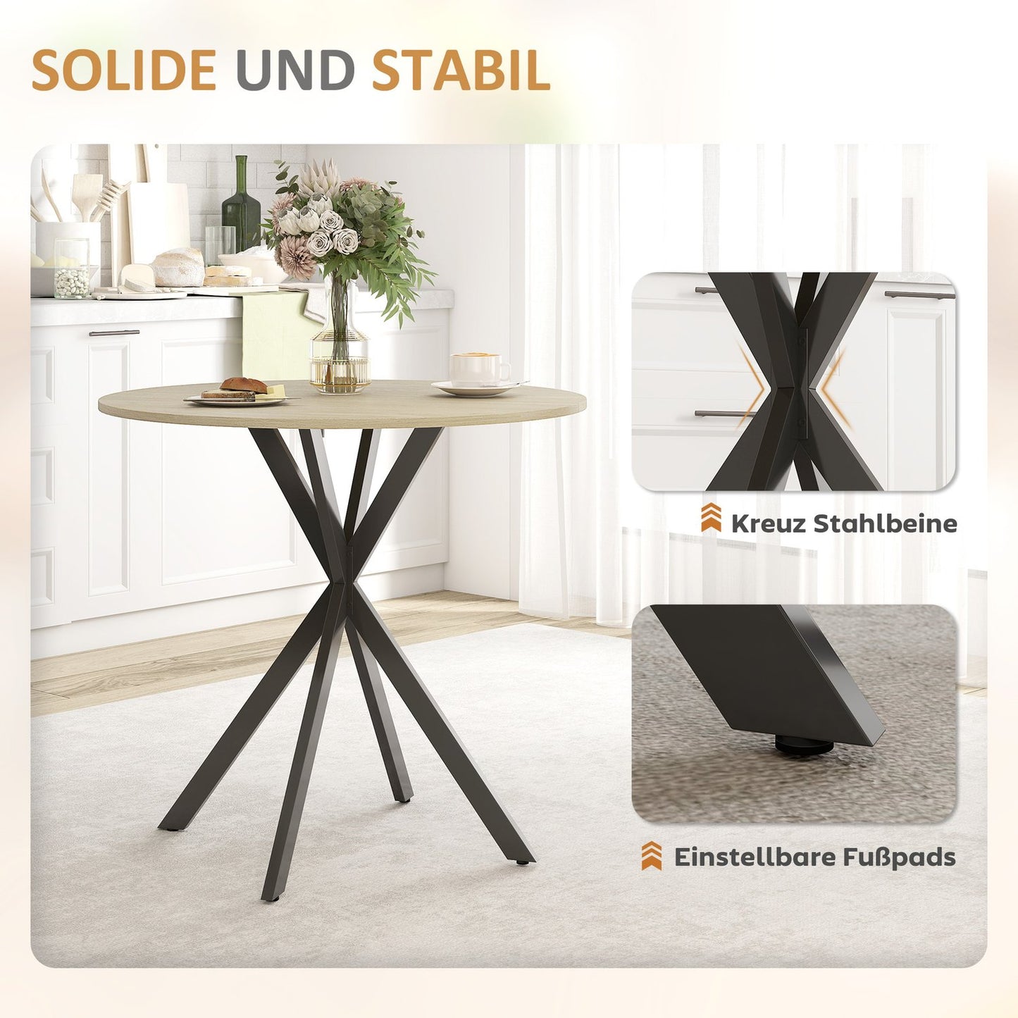 Round Dining Table, 80 cm, Wood-Look Top, Steel Legs