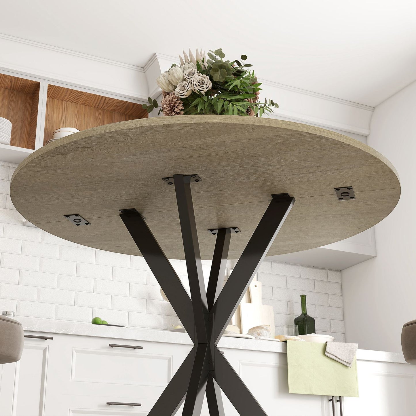 Round Dining Table, 80 cm, Wood-Look Top, Steel Legs
