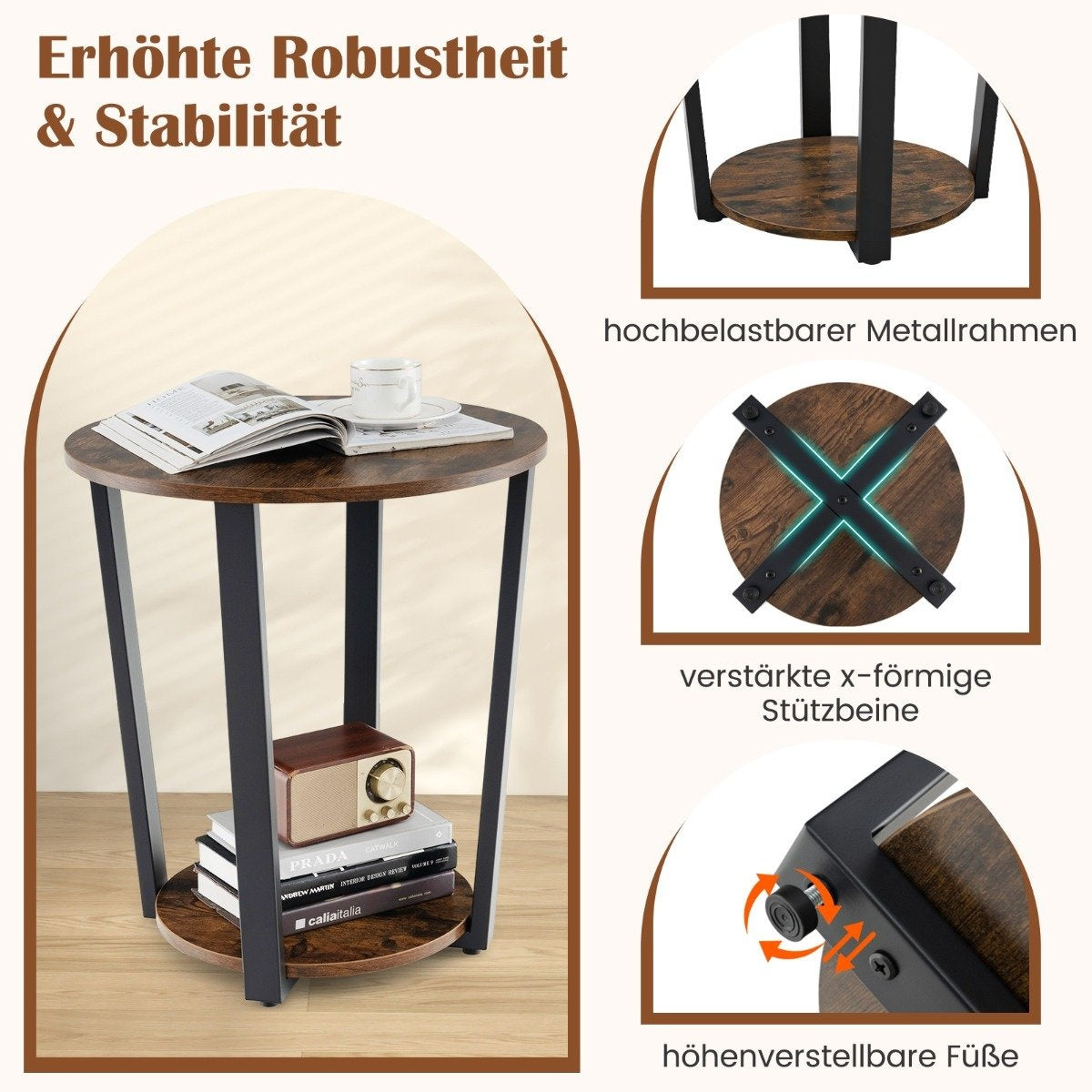 Round side table with open shelf & Metal Frame 2 Tier Accent Table Sofa Table-Rustic Brown