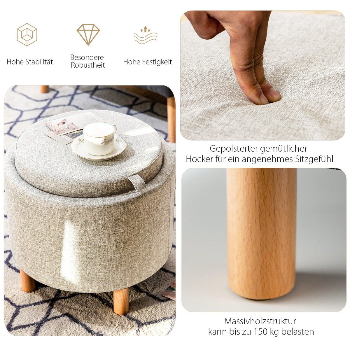 Round stool with storage space & Removable lid can hold up to 150 kg. Beige footstool
