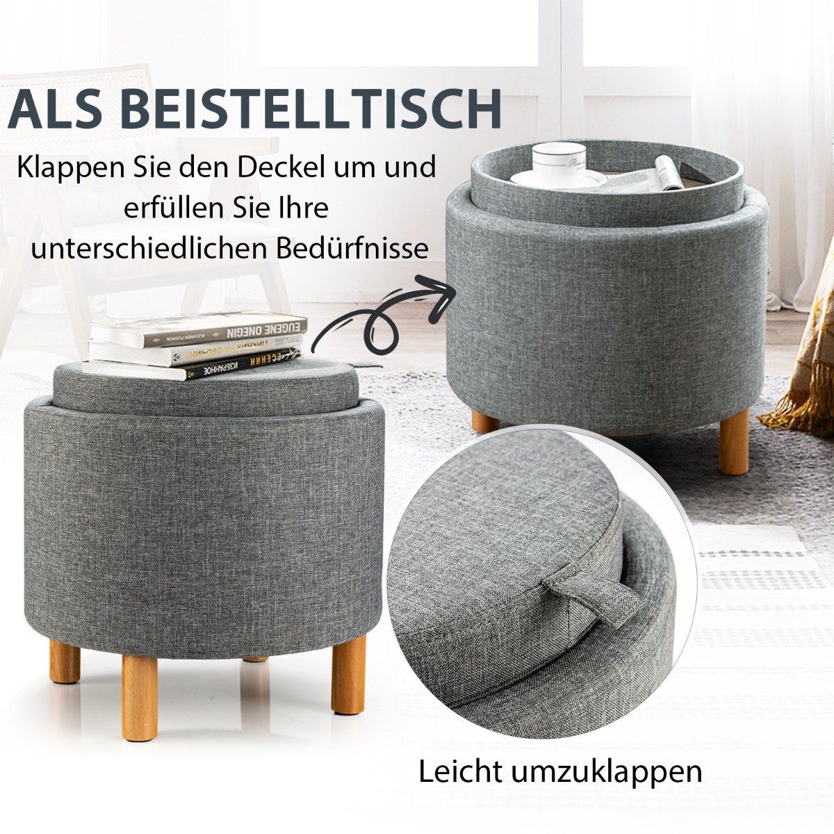 Round stool with storage space & Removable lid can hold up to 150 kg. Gray footstool