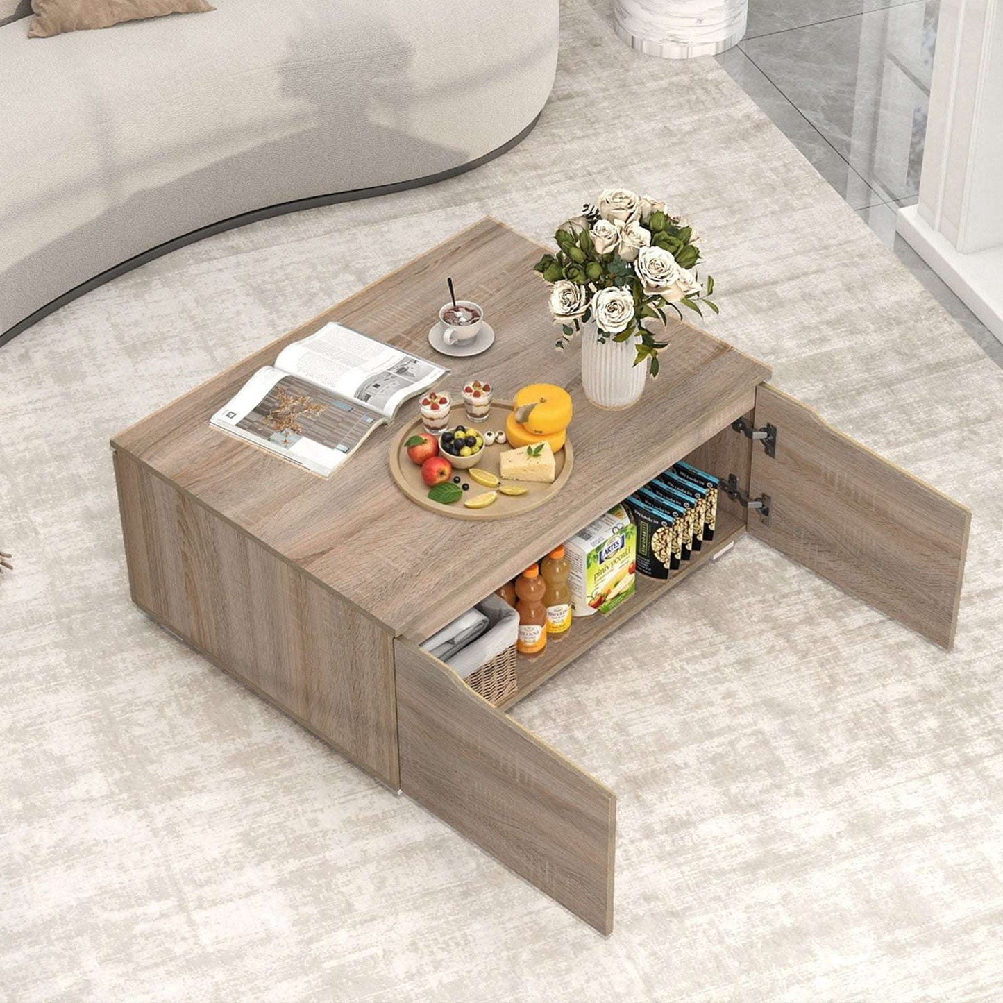 Rustic Coffee Table with Hidden Storage, 4 Doors, Oak