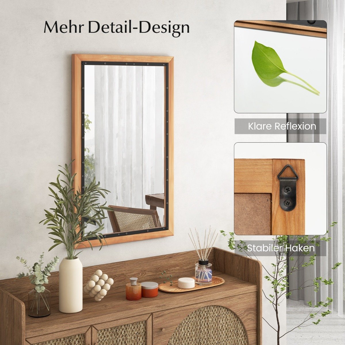 Rustic wooden mirror with rectangular frame decorative hanging mirror 55 x 90 cm natural