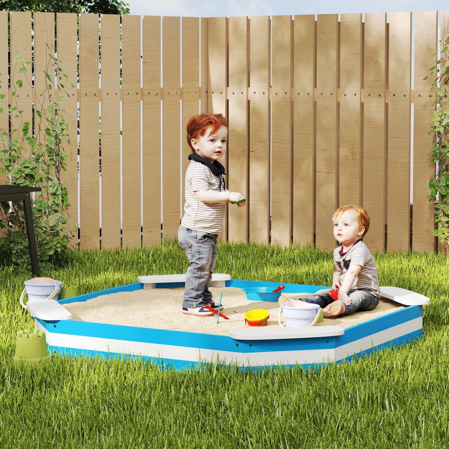 Wooden sandbox with bench & floor cover, 133x108 cm