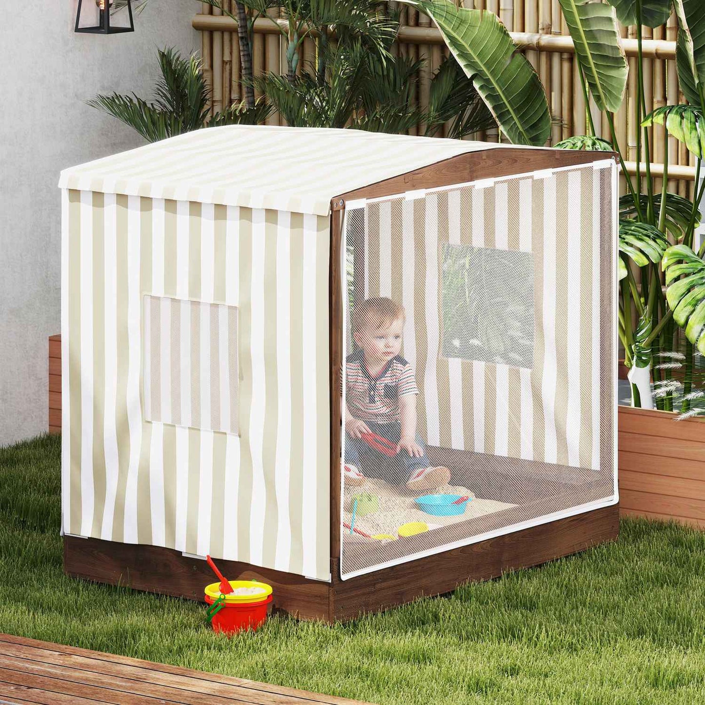 Wooden sandbox with bench & storage, 142 x 101.5 cm