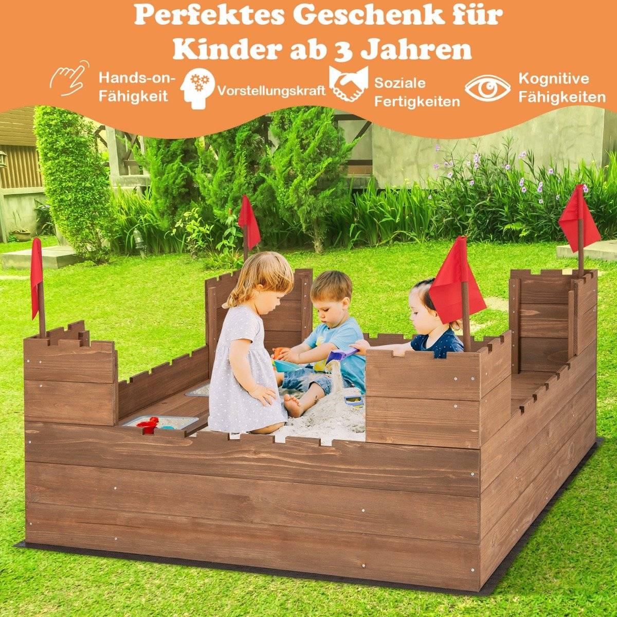 Sandbox with storage compartments and flags, wooden sandbox for 1-2 children aged 3 and over, 113 x 116 cm