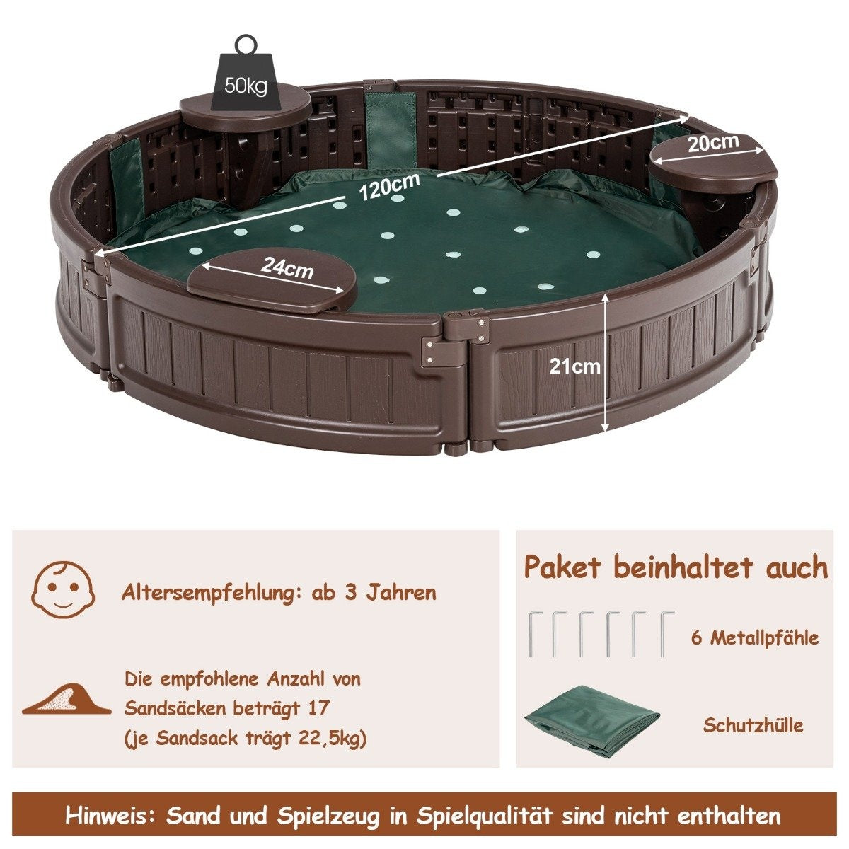 Sandpit 120 cm Large round sandpit 120 x 120 x 21 cm brown