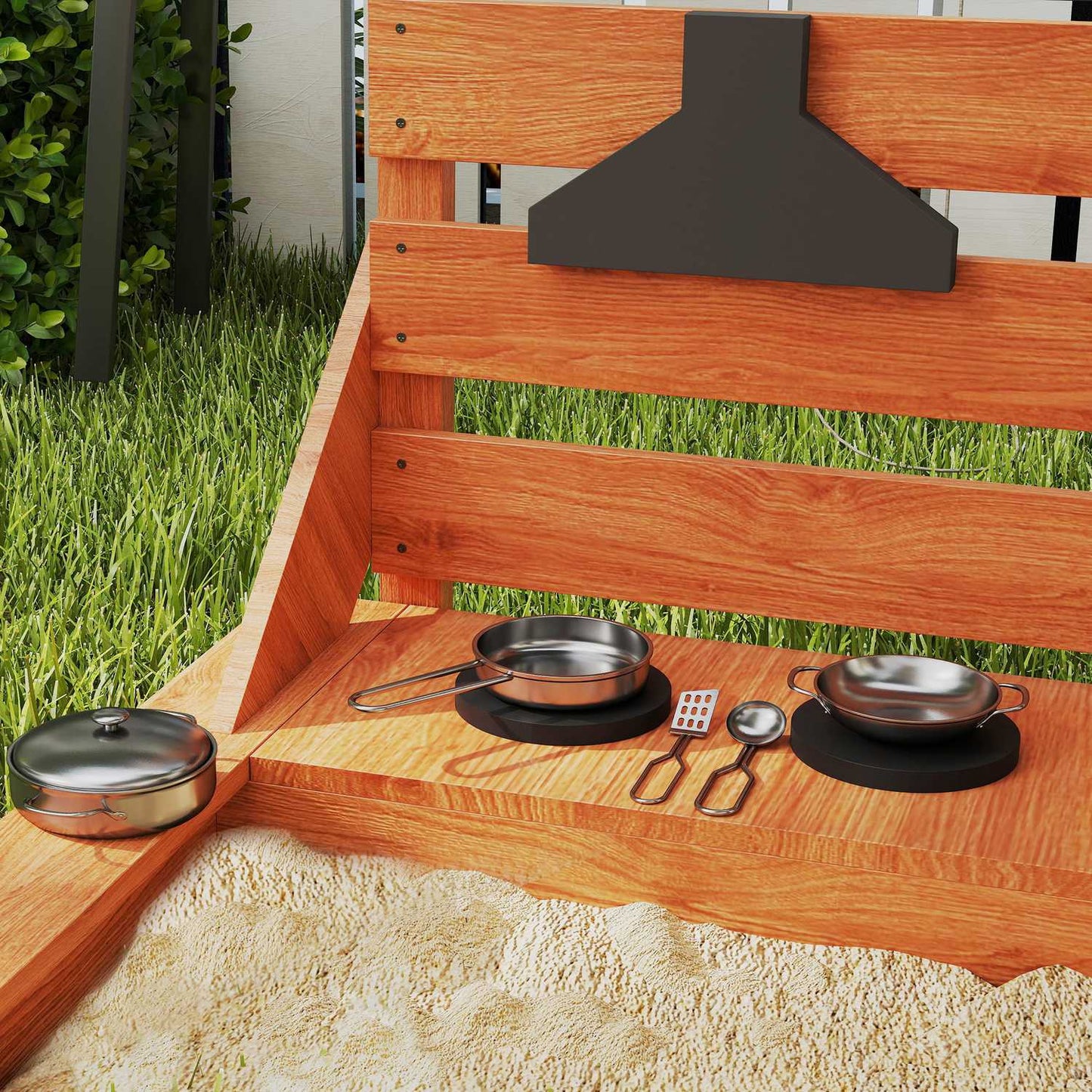 Large wooden sandbox with lid and play kitchen