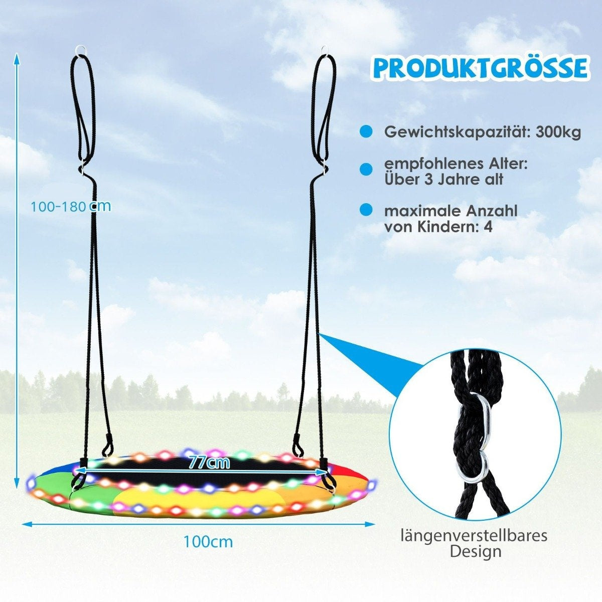 Saucer swing with a diameter of 100 cm can hold up to 300 kg LED swing for children & adults rainbow color