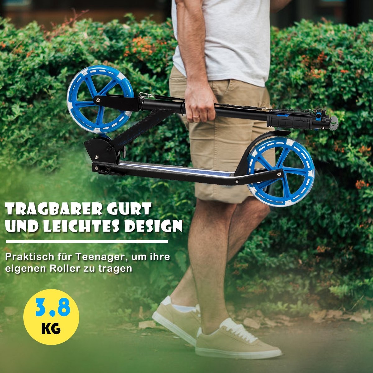 Scooter scooter foldable kick scooter height adjustable 100kg load capacity kick scooter with 2 LED wheels blue