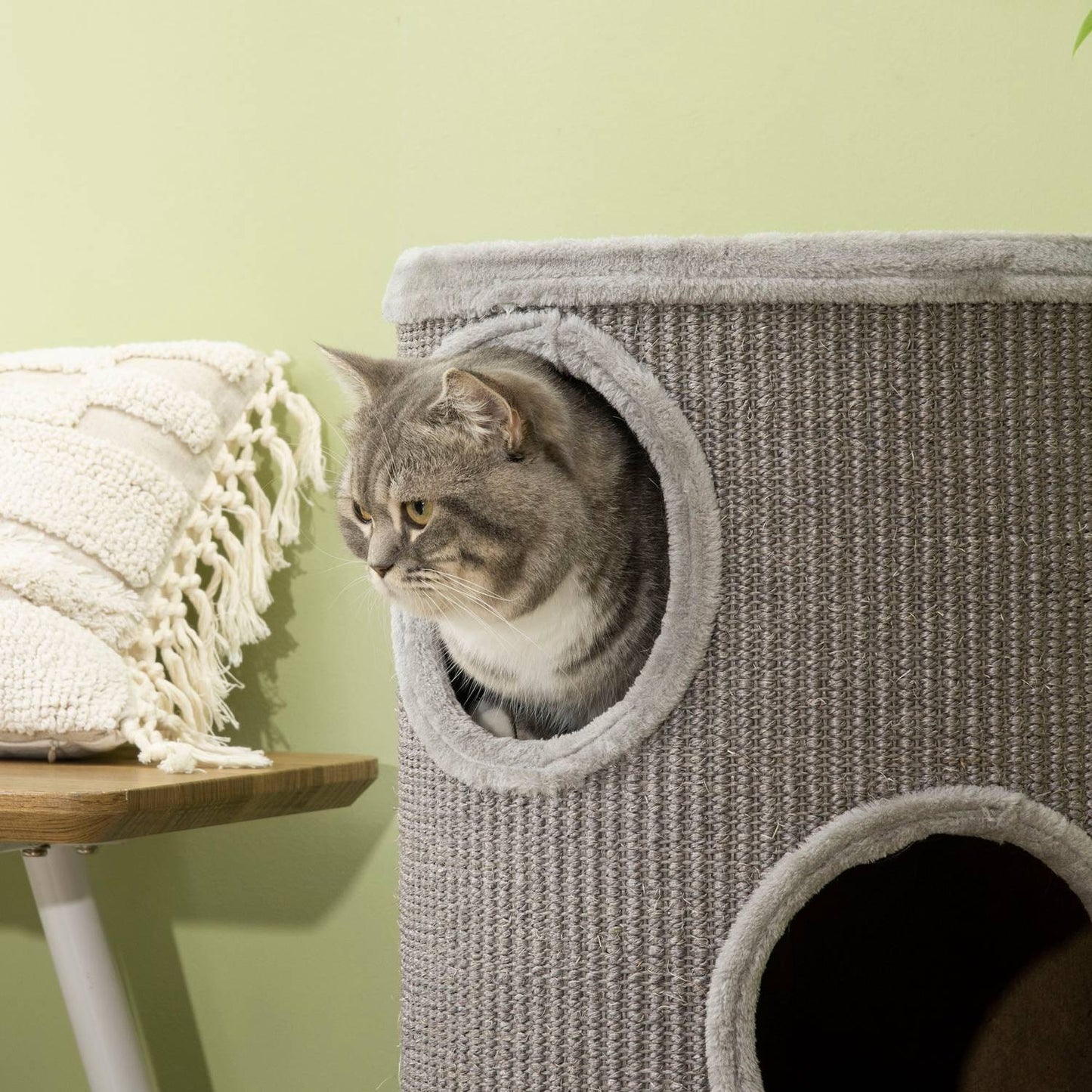 Cat Scratching Barrel with Sisal & Plush, 3 Caves, Light Grey