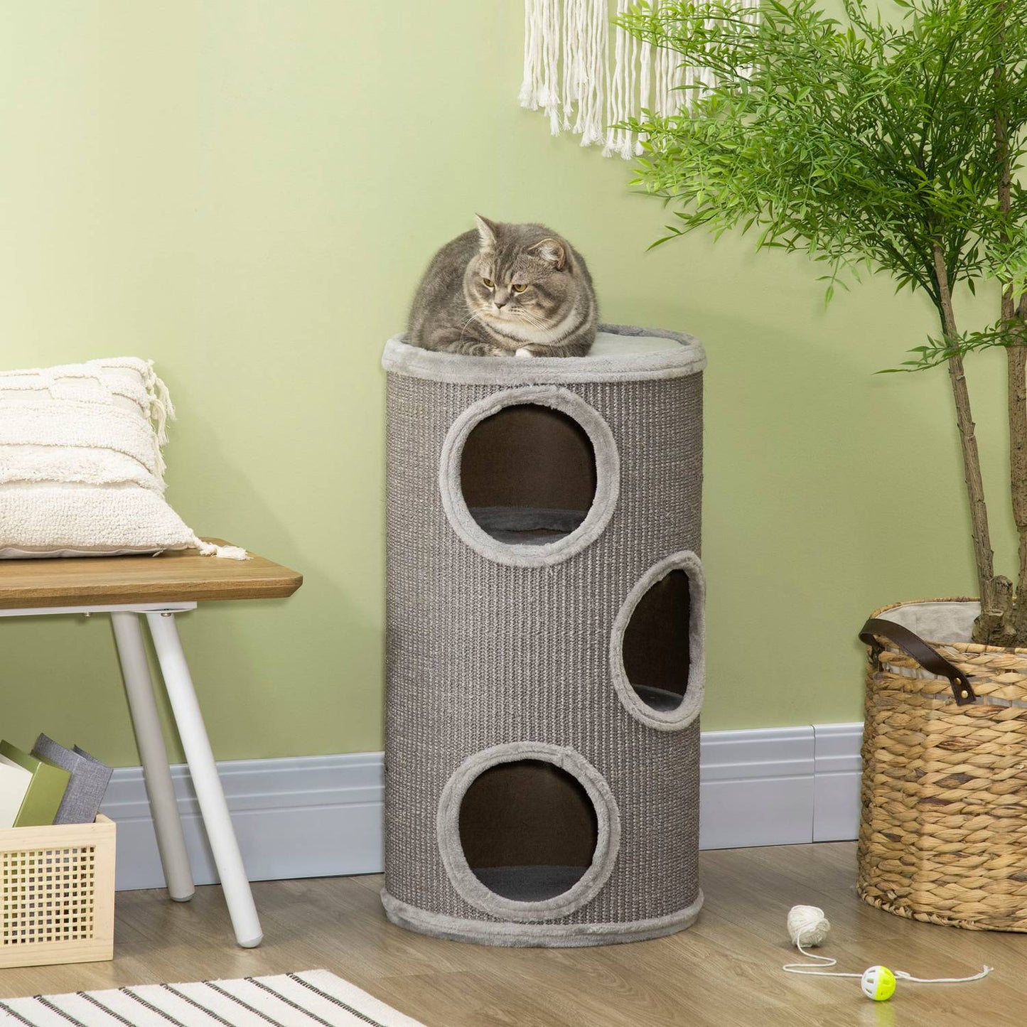 Cat Scratching Barrel with Sisal & Plush, 3 Caves, Light Grey