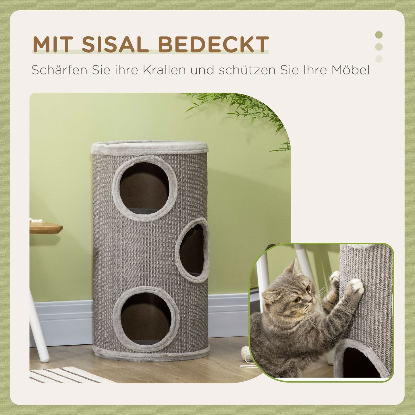 Cat Scratching Barrel with Sisal & Plush, 3 Caves, Light Grey