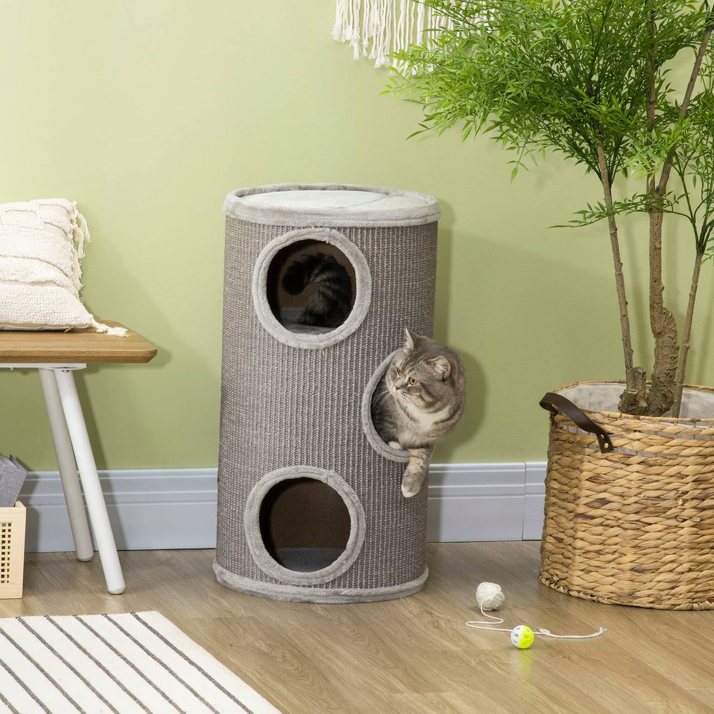 Cat Scratching Barrel with Sisal & Plush, 3 Caves, Light Grey