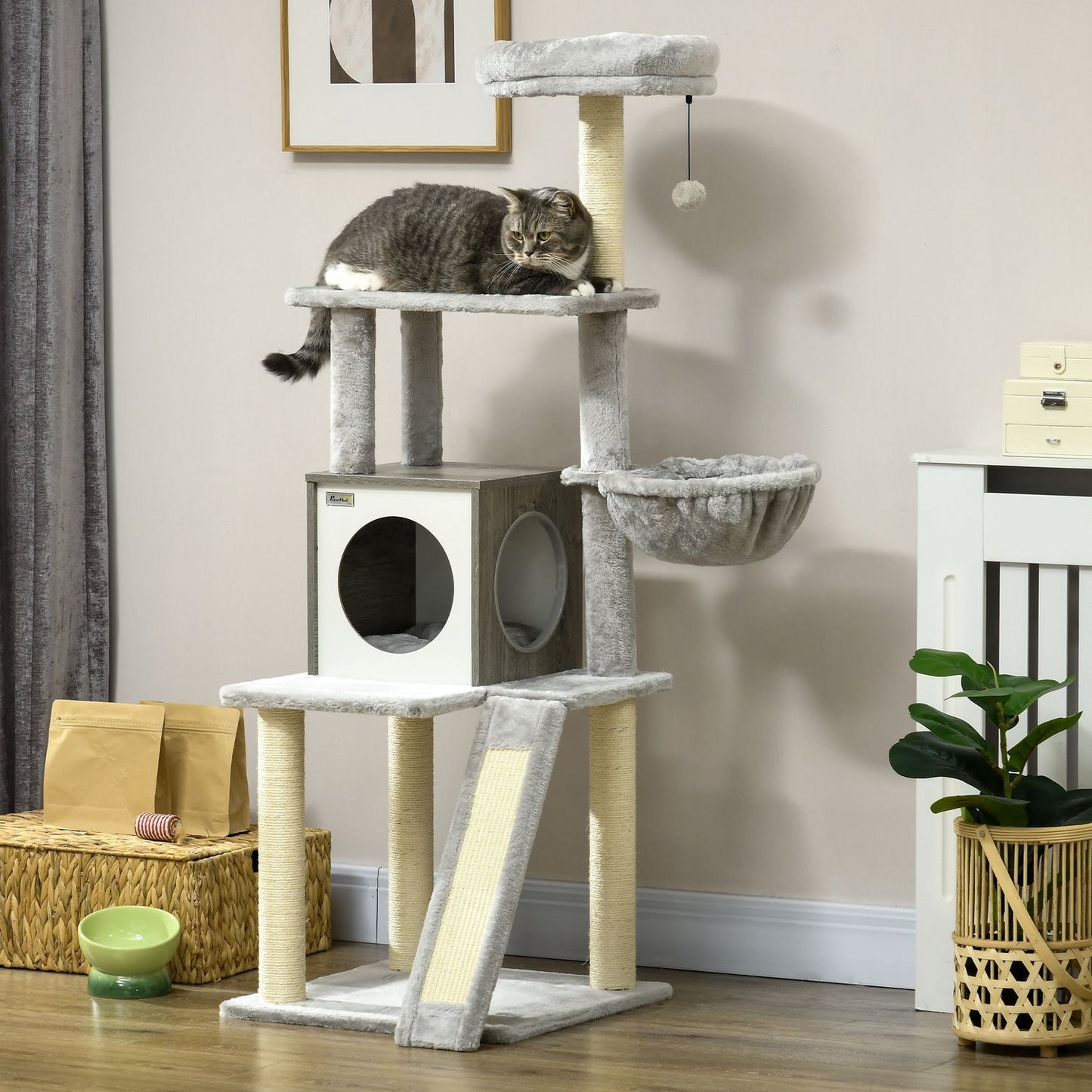 Cat tree 141.5 cm with cave, play ball, bed and sisal