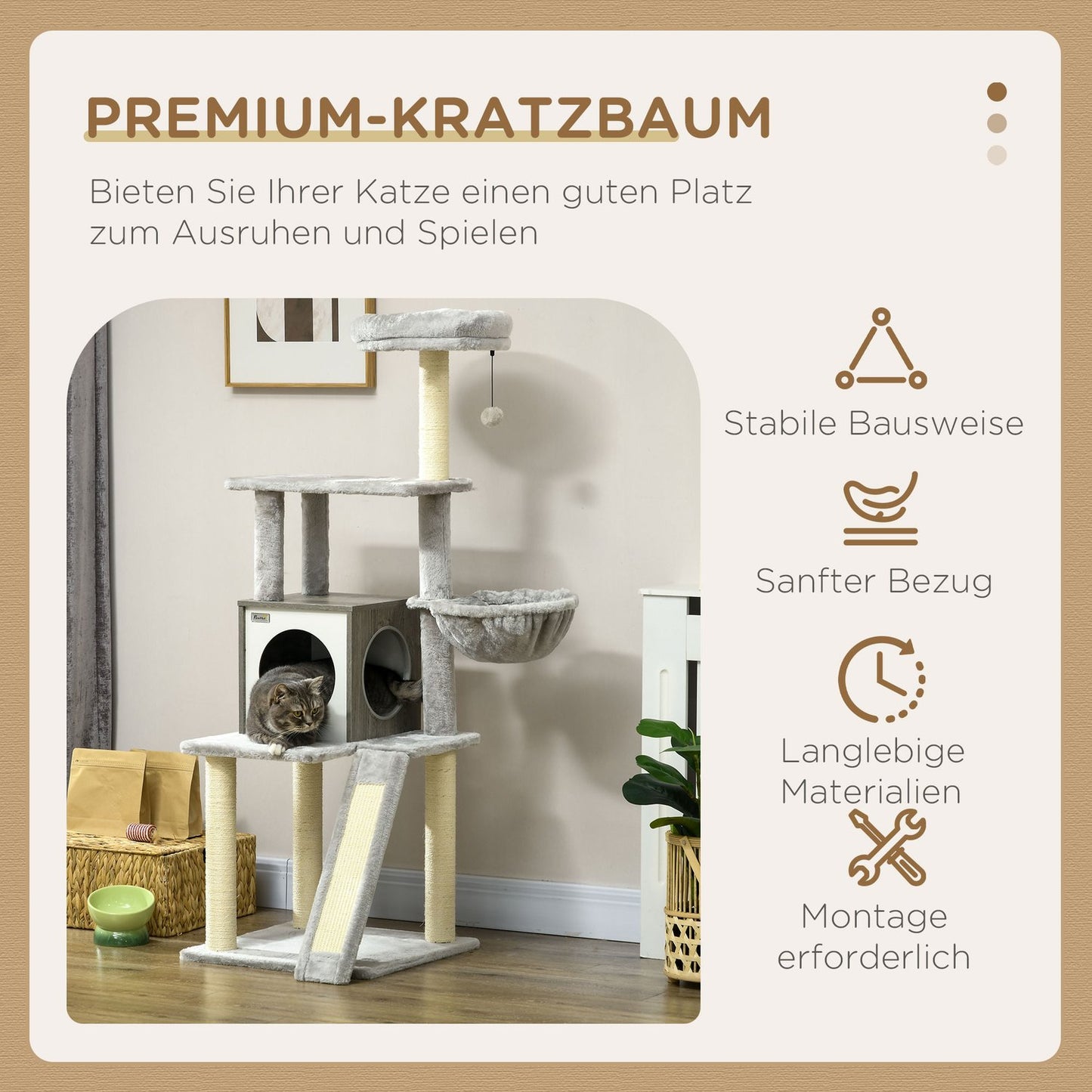 Cat tree 141.5 cm with cave, play ball, bed and sisal