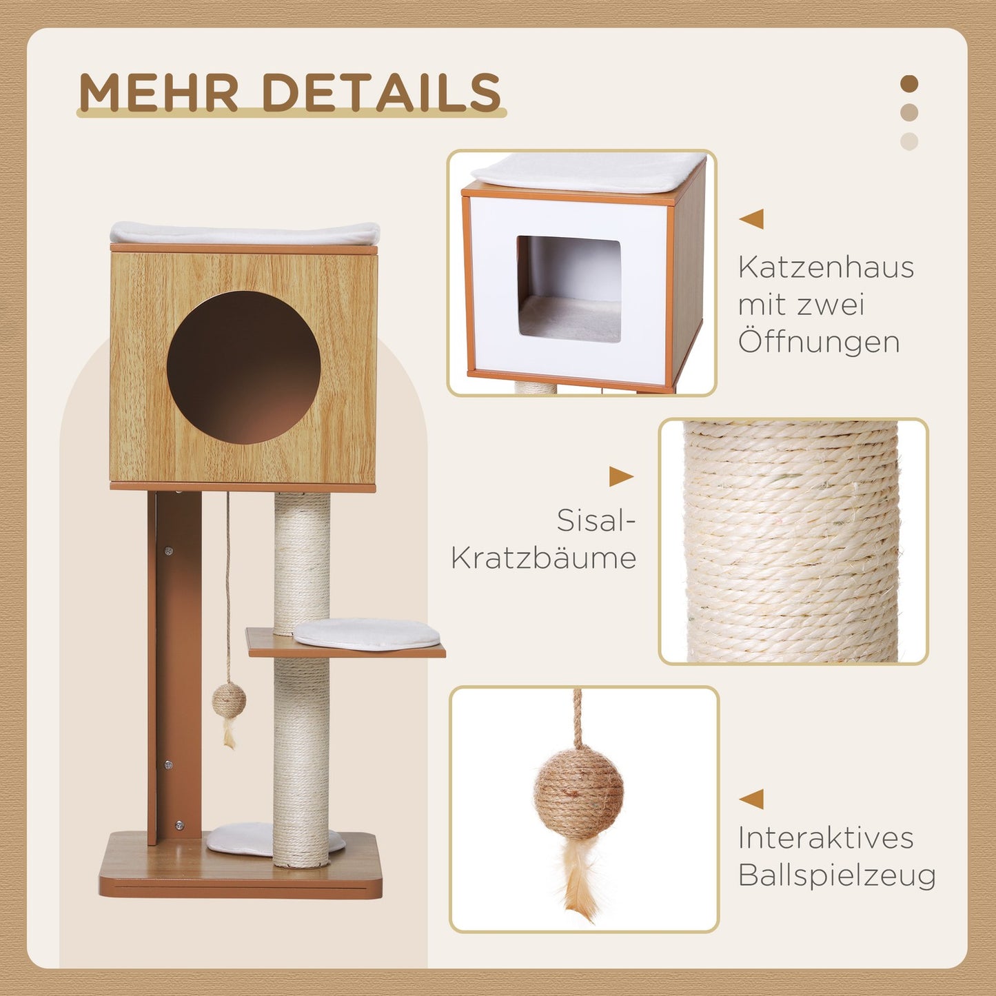 Cat scratching post with cave, sisal rods and 4 cushions