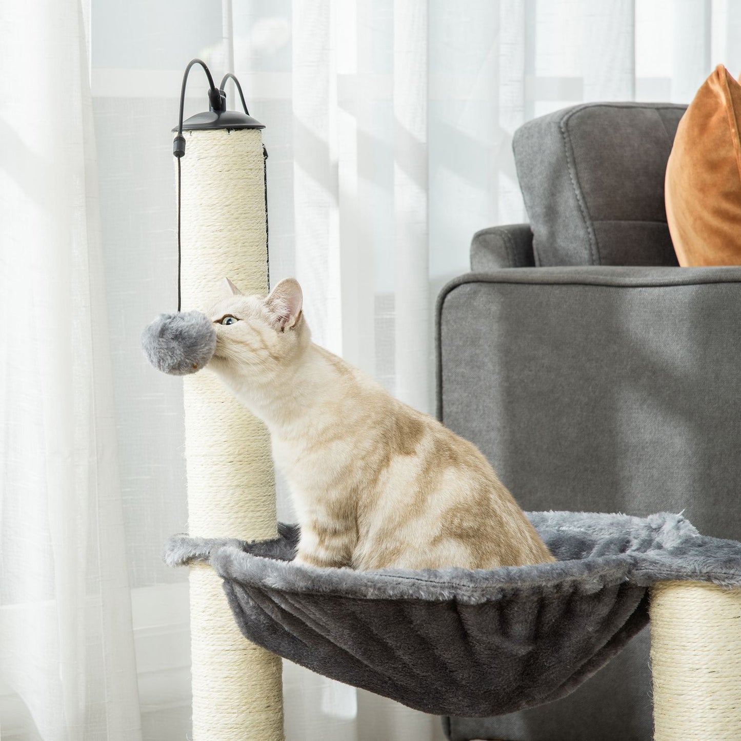 Cat tree with hammock and toy - Grey, 39.5x83 cm
