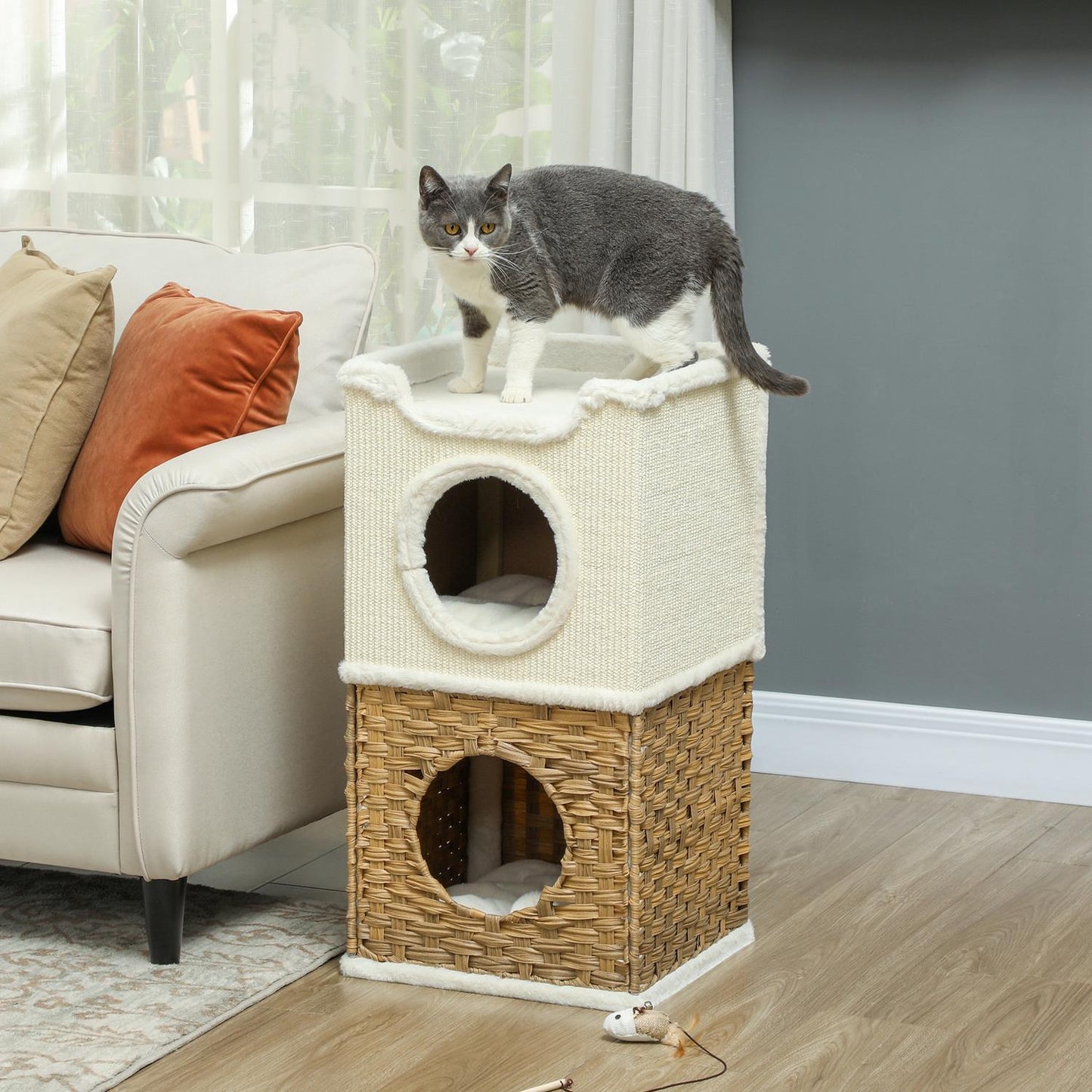 Three-Tier Cat Tree Tower, Cream White, Sisal Posts