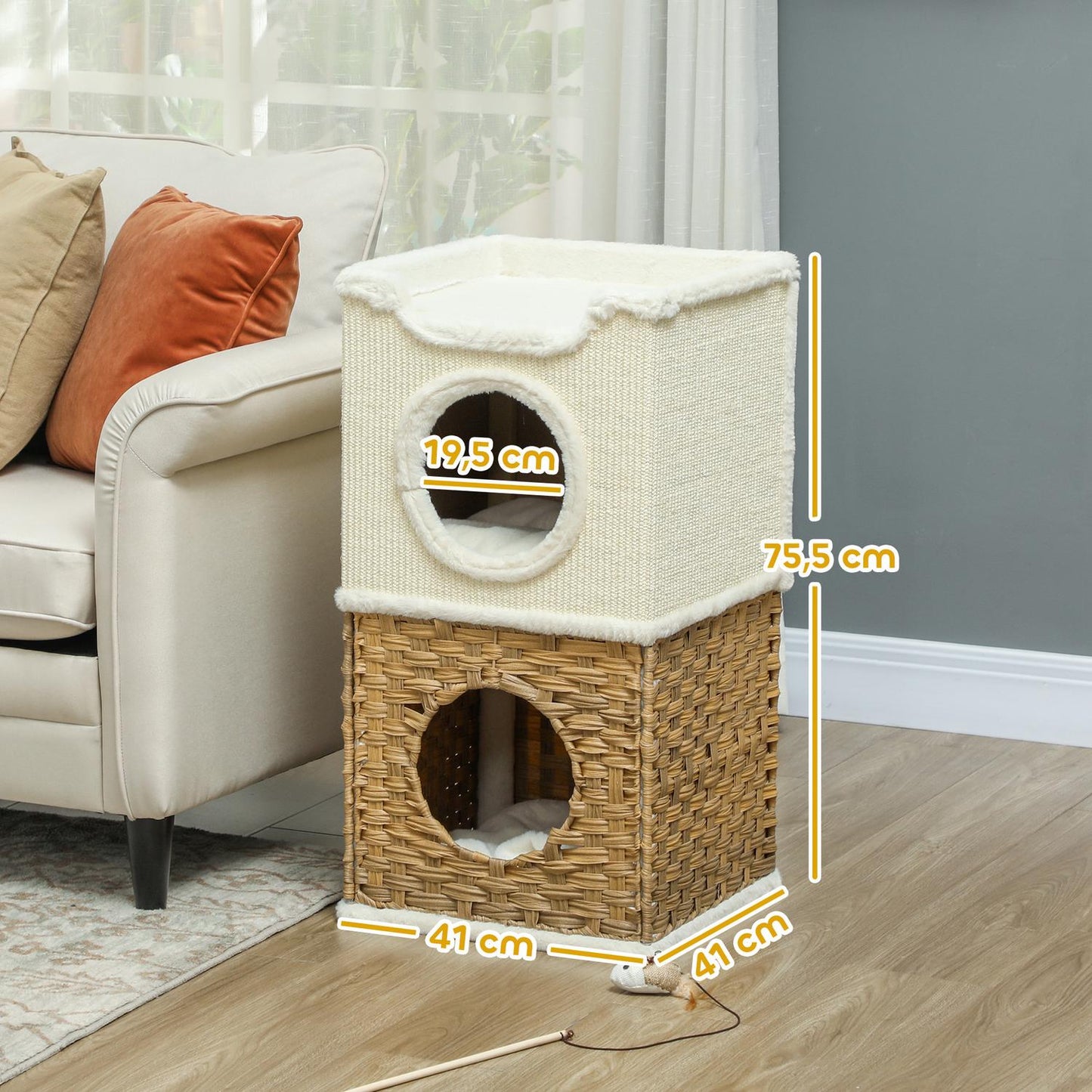 Three-Tier Cat Tree Tower, Cream White, Sisal Posts