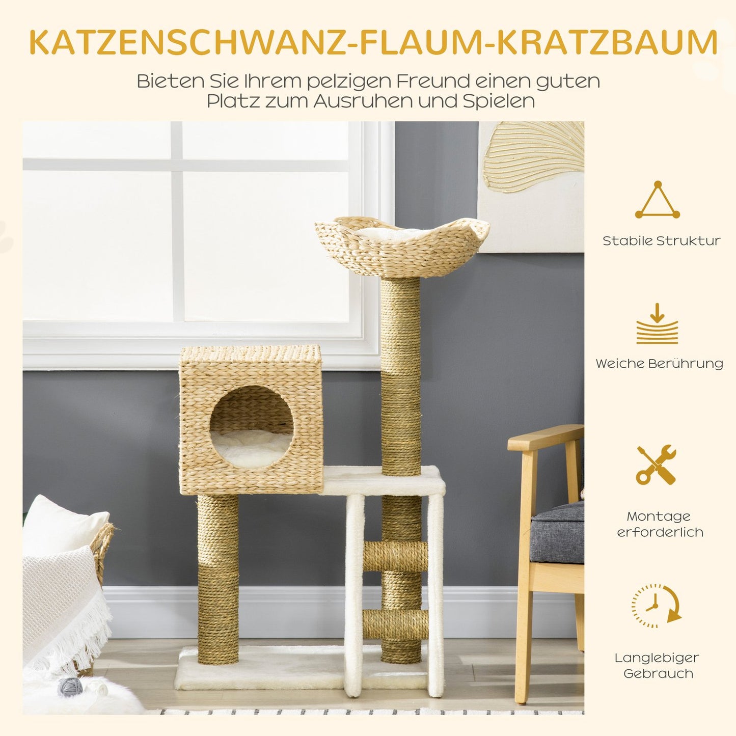Cat tree with cave, bed, sisal poles and stairs