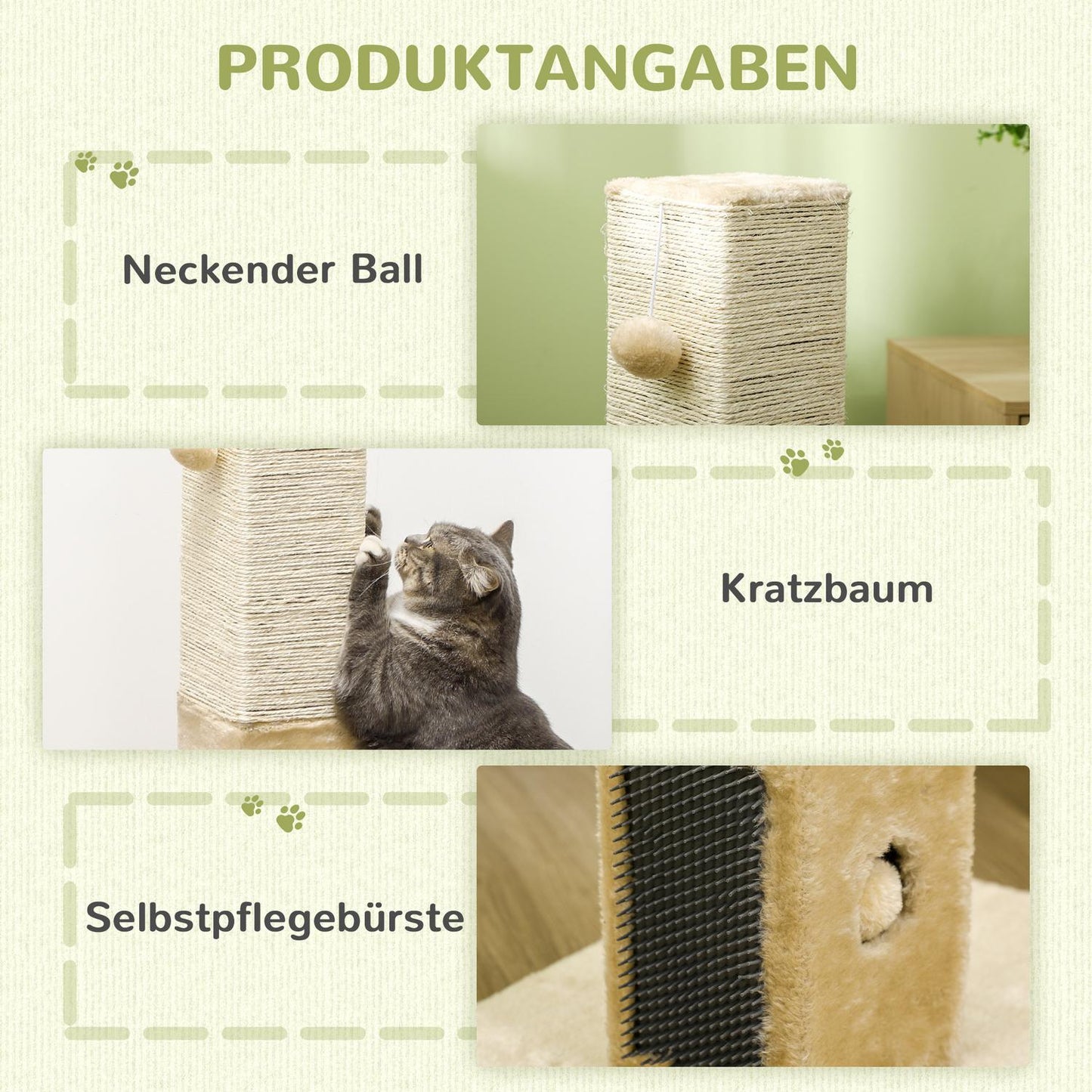 Beige cat scratching post, jute material, with play ball