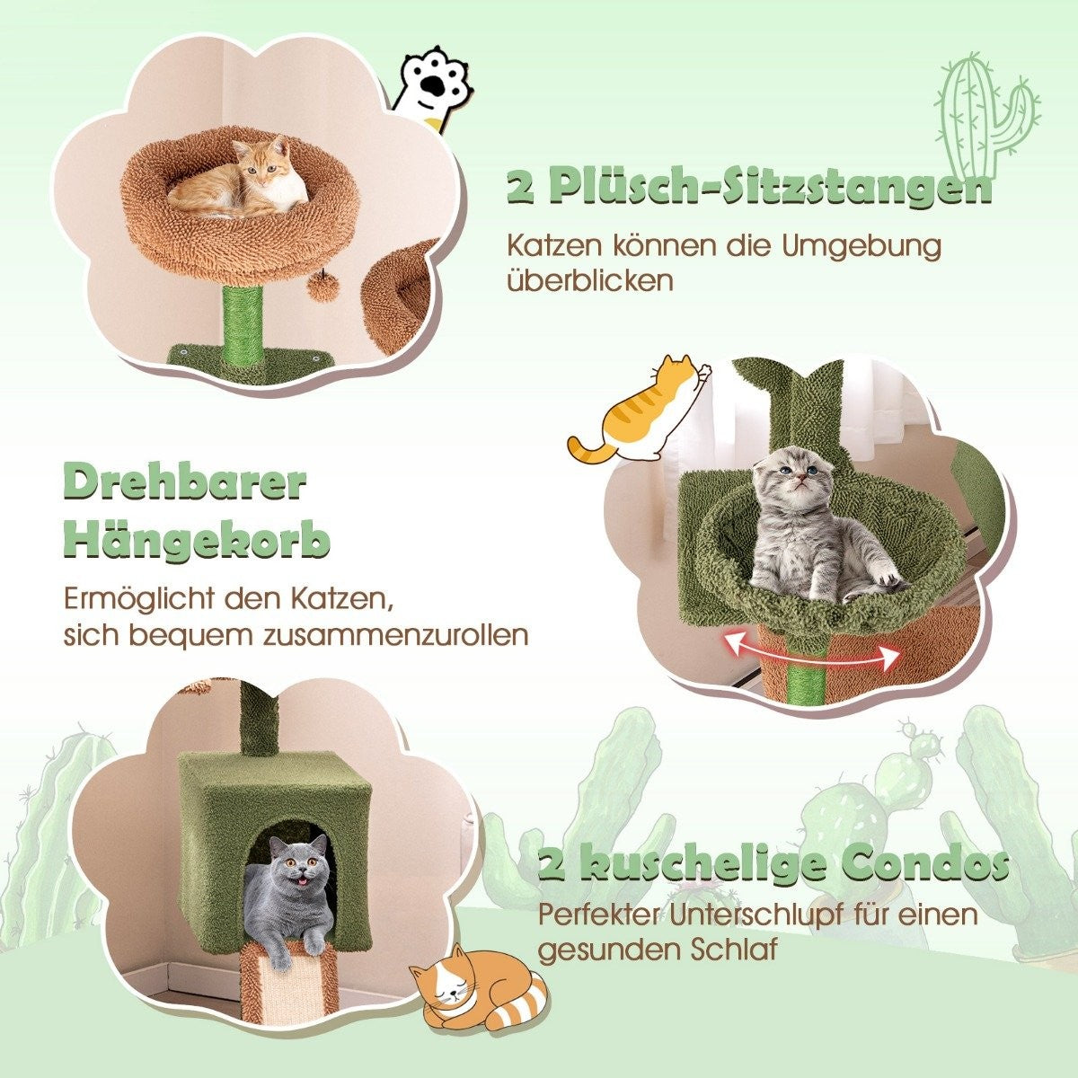 Scratching post cactus cat tree with platforms toy sisal posts green + brown (160cm high)