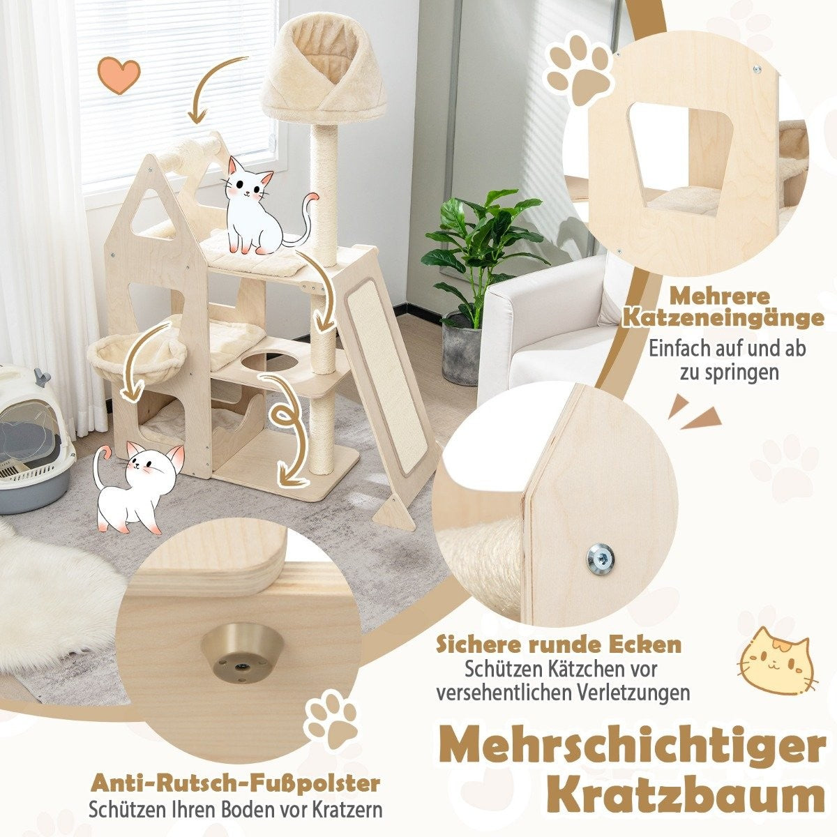 Scratching post cat paradise made of wood 111 x 42 x 155 cm natural