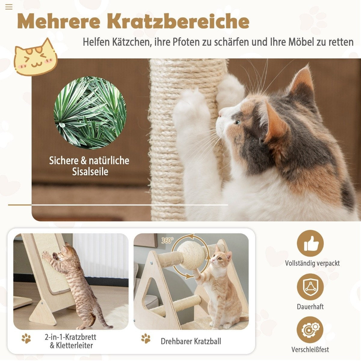 Scratching post cat paradise made of wood 111 x 42 x 155 cm natural