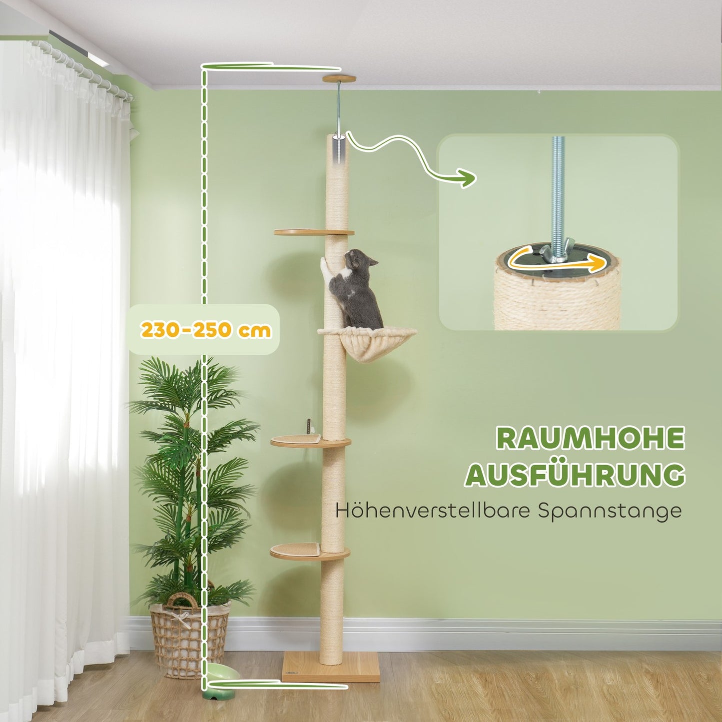 Adjustable cat tree with hammock, ceiling height 230-250cm