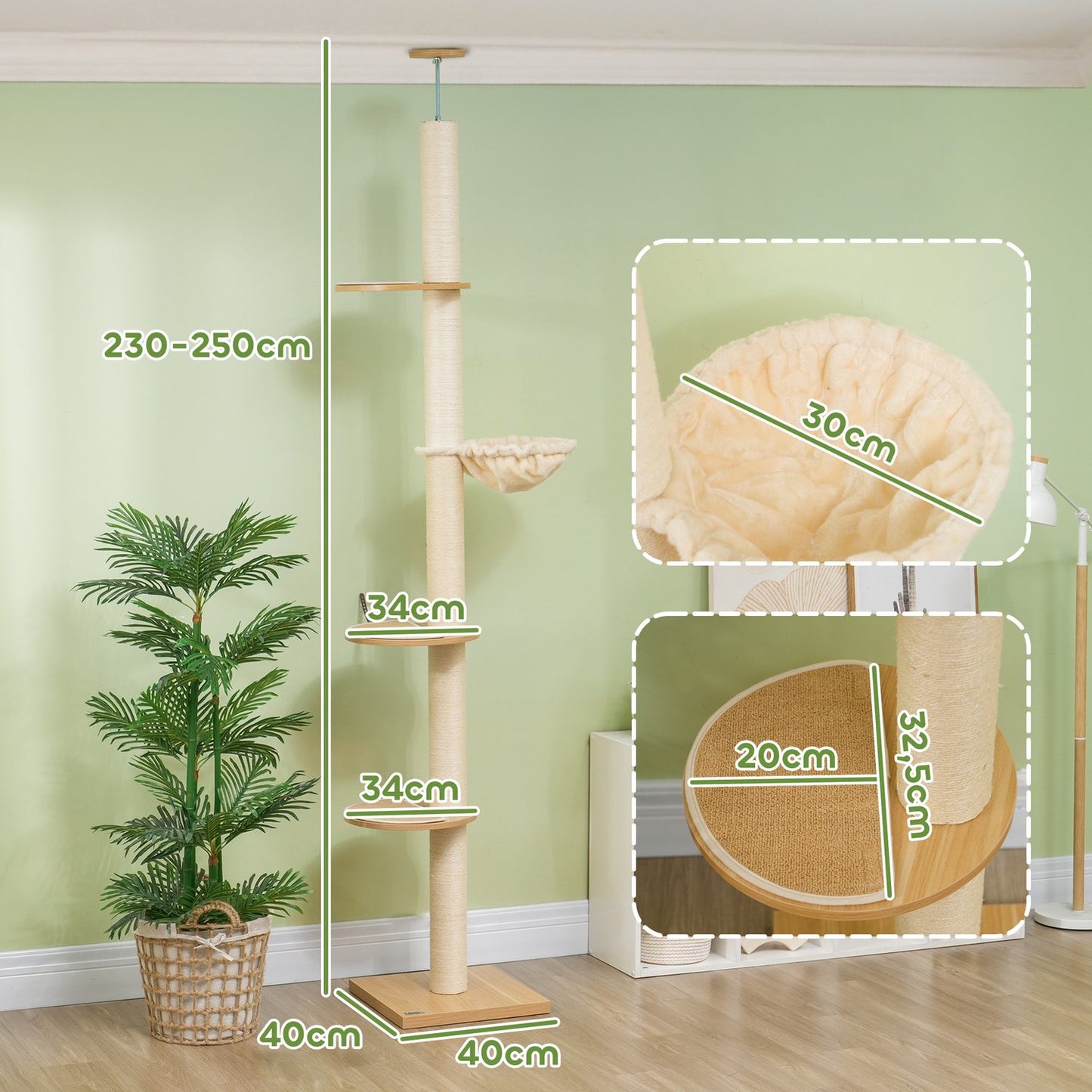 Adjustable cat tree with hammock, ceiling height 230-250cm