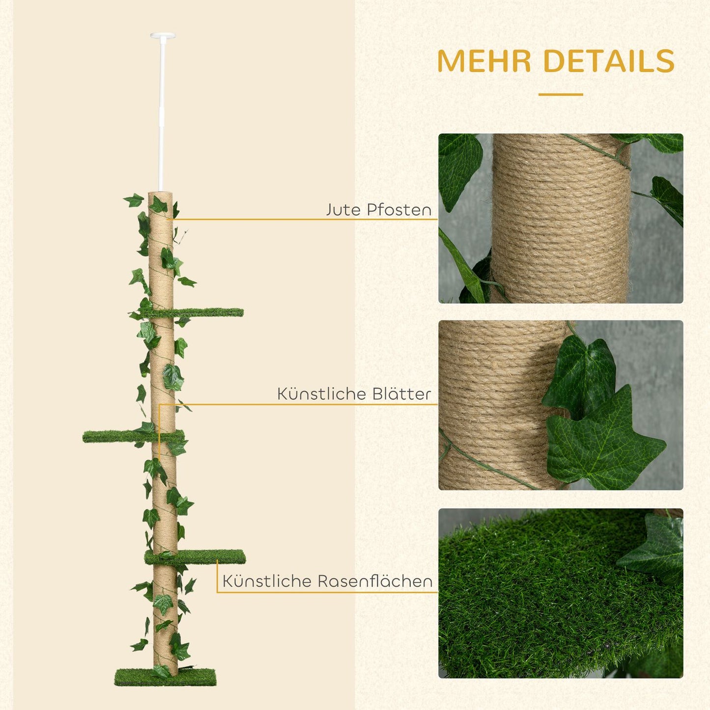 Adjustable jute cat tree, ceiling height 202-242 cm, green/yellow