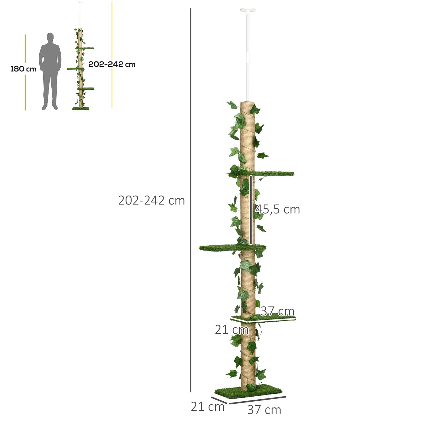 Adjustable jute cat tree, ceiling height 202-242 cm, green/yellow