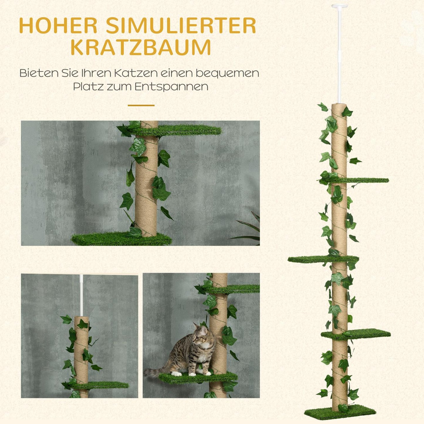 Adjustable jute cat tree, ceiling height 202-242 cm, green/yellow