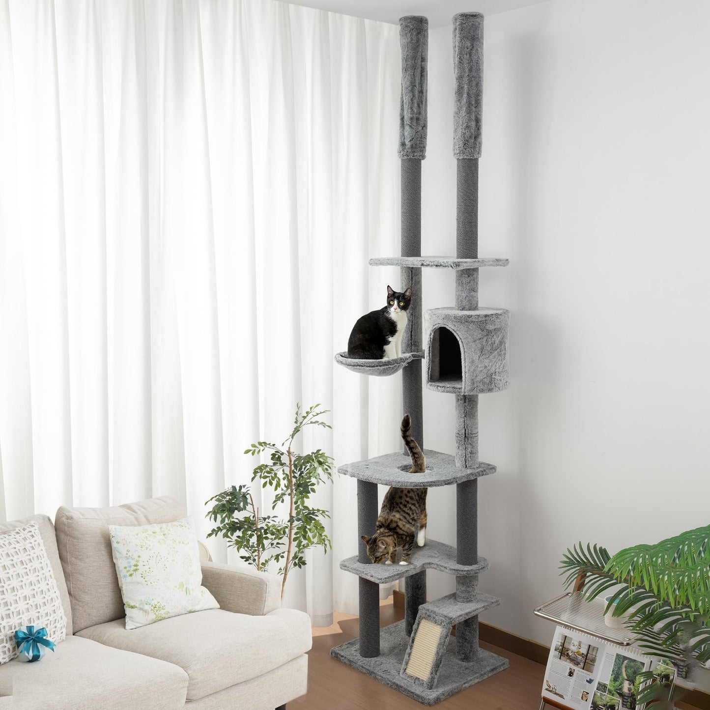 High-ceilinged cat tree with cave, basket and play ball, gray