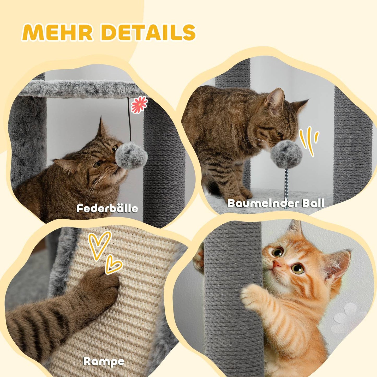High-ceilinged cat tree with cave, basket and play ball, gray