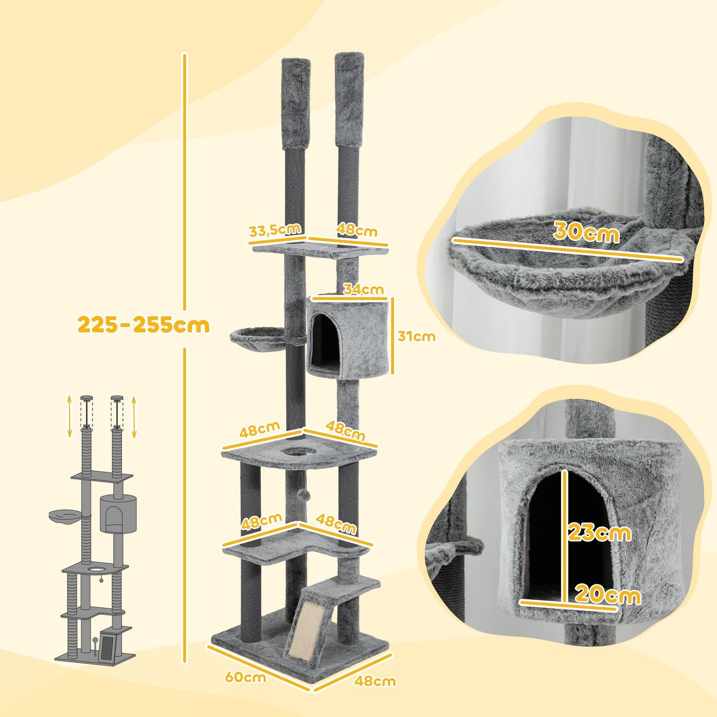 High-ceilinged cat tree with cave, basket and play ball, gray
