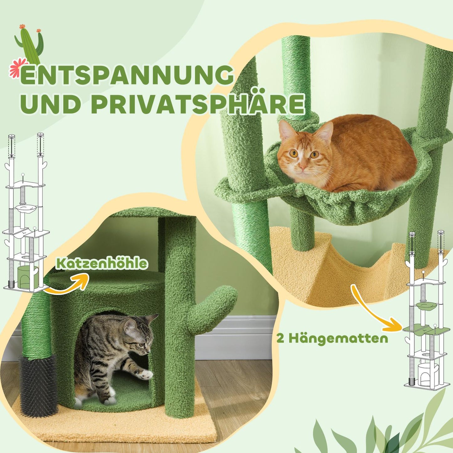 High ceiling cat tree 225-255cm with cave & basket - green
